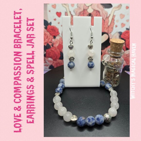 Rose Quartz and Sodalite Beaded Bracelet and Earrings Set - Picture 1 of 4